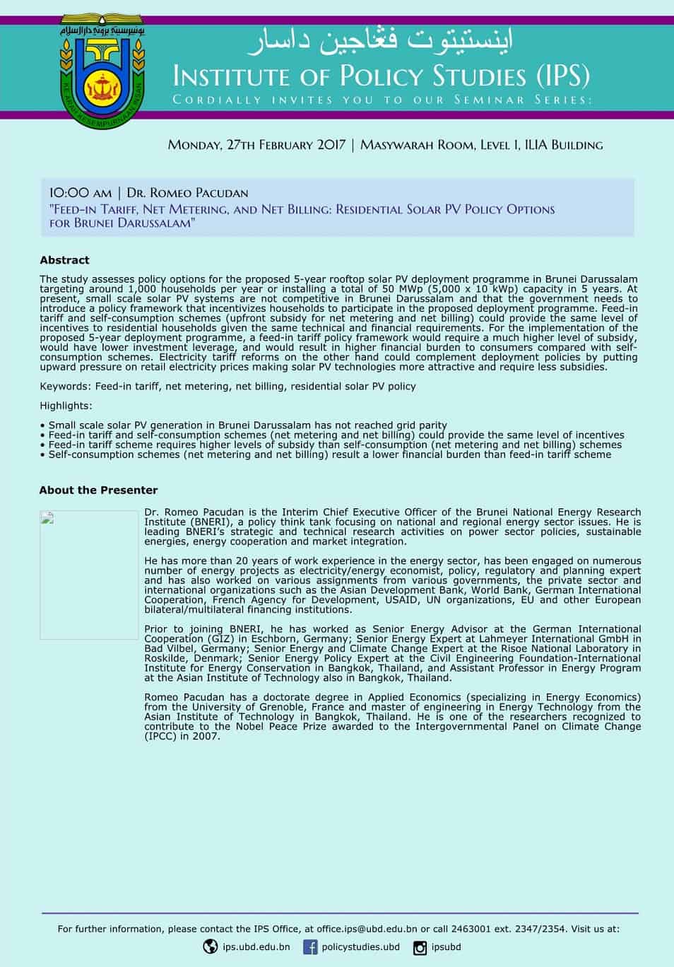 Feed-in Tariff, Net Metering, and Net Billing: Residential Solar PV Policy Options for Brunei Darussalam